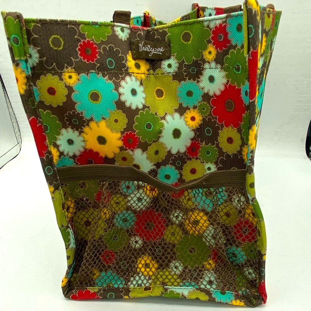 Thirty One Brand Open Tote Brown Background With Brightly Colored Floral Design - Picture 3 of 6